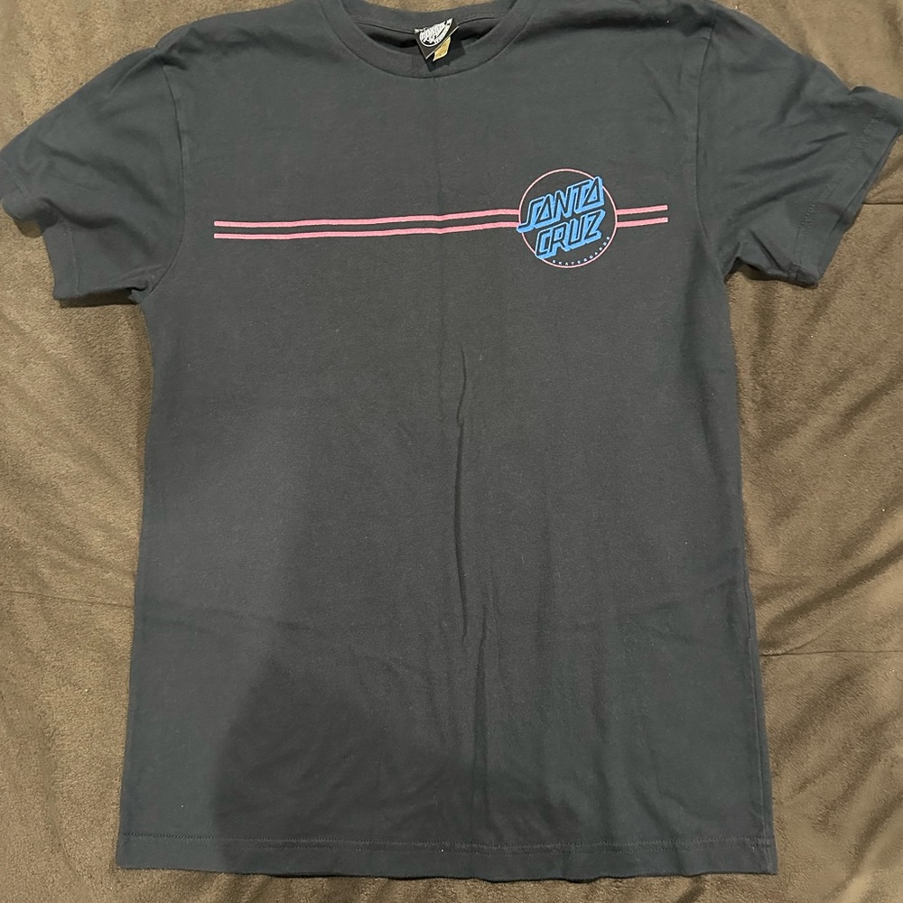 Santa Cruz Skateboards Black Tee with Blue and Red Accents
